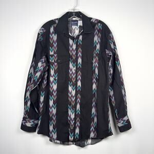 Vintage 90s Wrangler Black Navajo Aztec Pearl Snap Button Up Shirt Size L